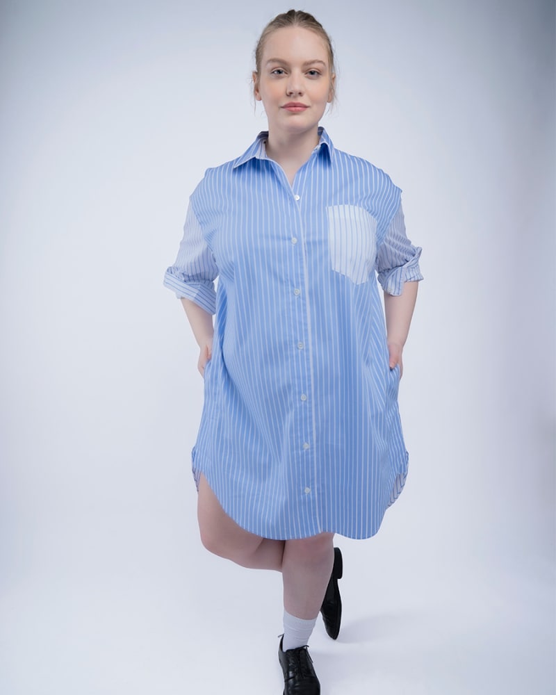 Front of a model wearing a size 0 Signature Tunic Remix in Stripe Remix by See Rose Go. | dia_product_style_image_id:256925